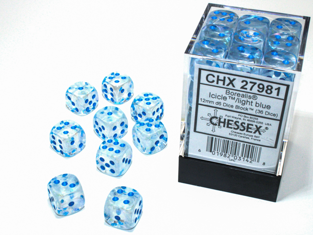 Dice: Chessex - Borealis, Luminary - 12mm D6 (x36) - Icicle/light blue