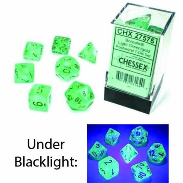 Dice: Chessex - Borealis, Luminary - Poly Set (x7) - Light Green/Gold