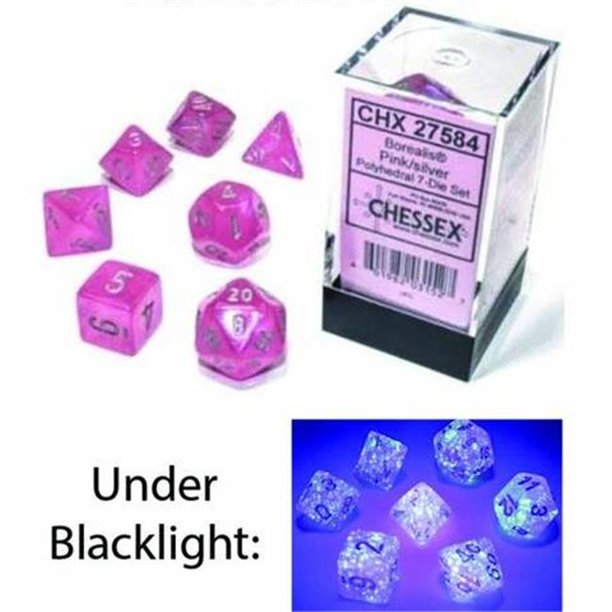 Dice: Chessex - Borealis, Luminary - Poly Set (x7) - Pink/Silver