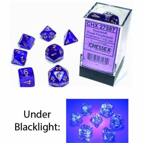 Dice: Chessex - Borealis, Luminary - Poly Set (x7) - Royal Purple/Gold