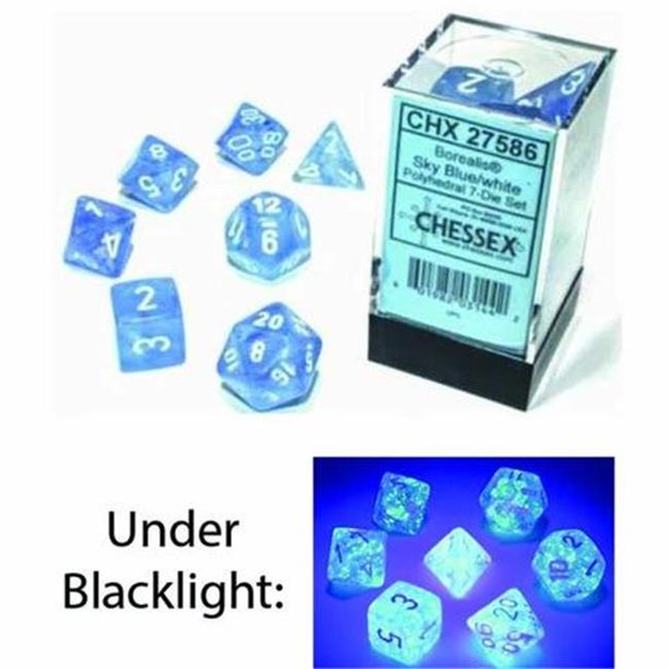 Dice: Chessex - Borealis, Luminary - Poly Set (x7) - Sky Blue/White