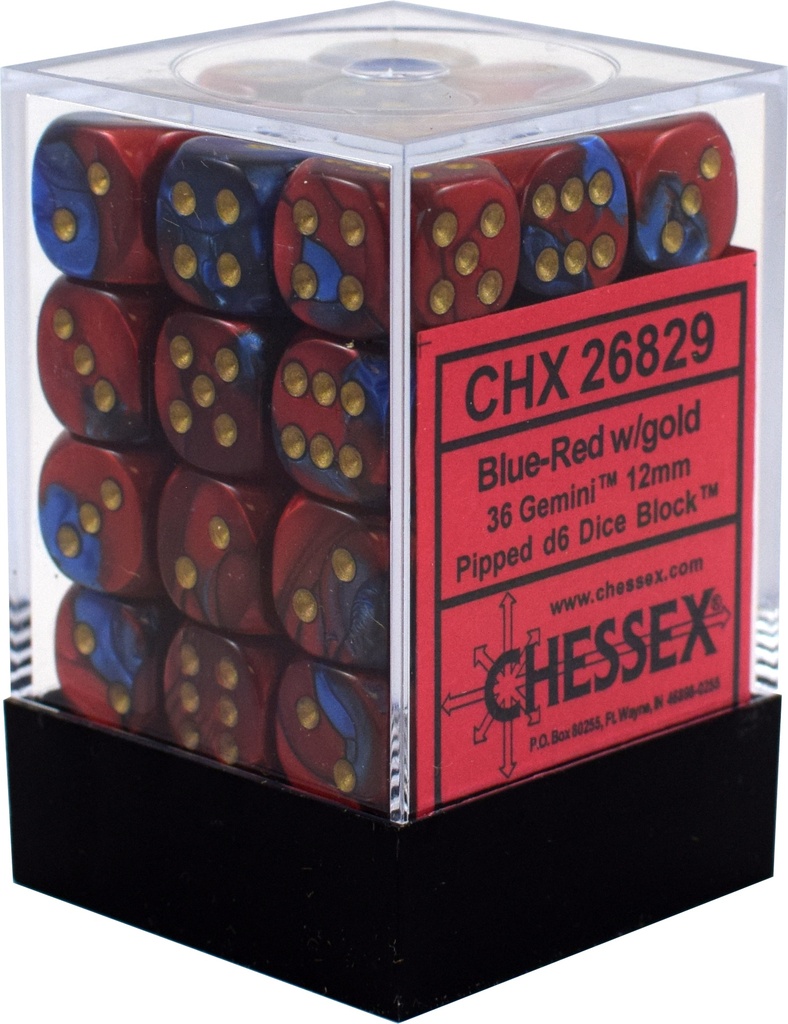 Dice: Chessex - Gemini - 12mm D6 (x36) - Blue-Red/Gold