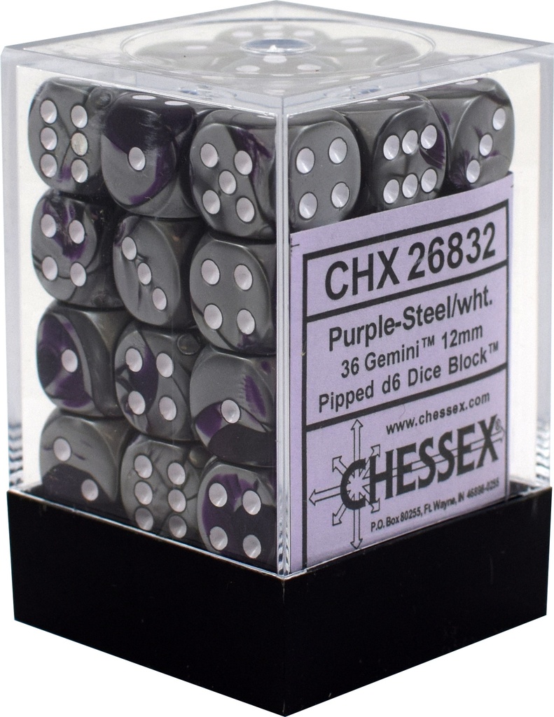 Dice: Chessex - Gemini - 12mm D6 (x36) - Purple-Steel/White