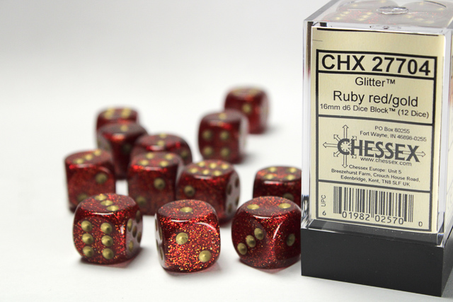 Dice: Chessex - Glitter - 16mm D6 (x12) - Ruby/gold