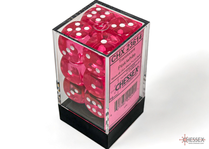 Dice: Chessex - Translucent - 16mm D6 (x12) - Pink/white