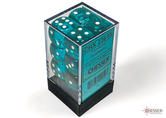 Dice: Chessex - Translucent - 16mm D6 (x12) - Teal/white