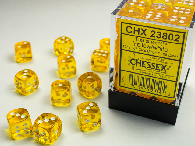 Dice: Chessex - Translucent - 12mm D6 (x36) - Yellow/white