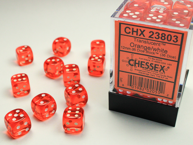 Dice: Chessex - Translucent - 12mm D6 (x36) - Orange/white