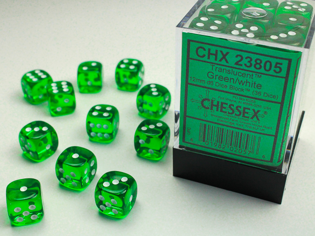 Dice: Chessex - Translucent - 12mm D6 (x36) - Green/white