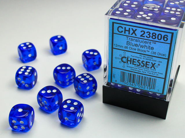Dice: Chessex - Translucent - 12mm D6 (x36) - Blue/white