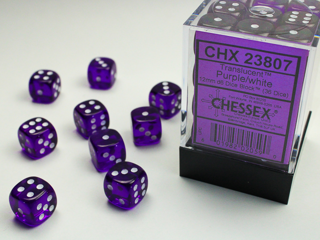 Dice: Chessex - Translucent - 12mm D6 (x36) - Purple/white