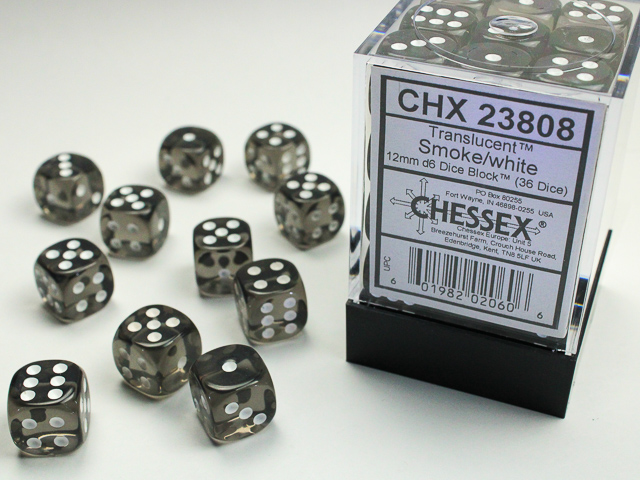 Dice: Chessex - Translucent - 12mm D6 (x36) - Smoke/white