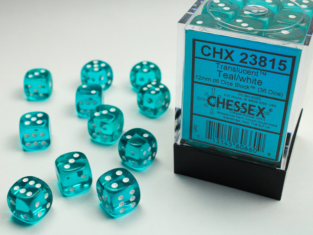 Dice: Chessex - Translucent - 12mm D6 (x36) - Teal/white