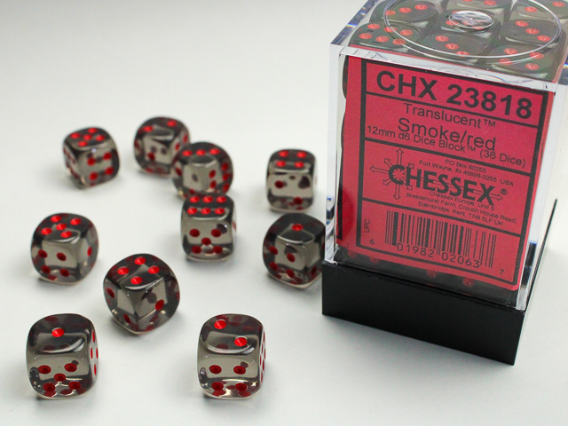 Dice: Chessex - Translucent - 12mm D6 (x36) - Smoke/red