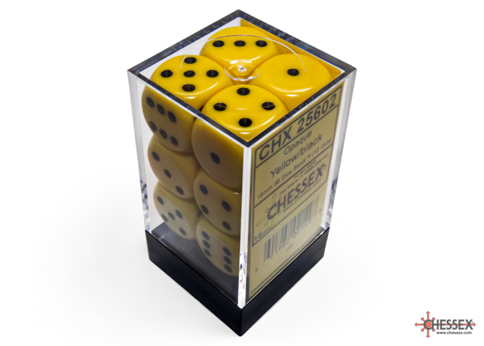 Dice: Chessex - Opaque - 16mm D6 (x12) - Yellow/black