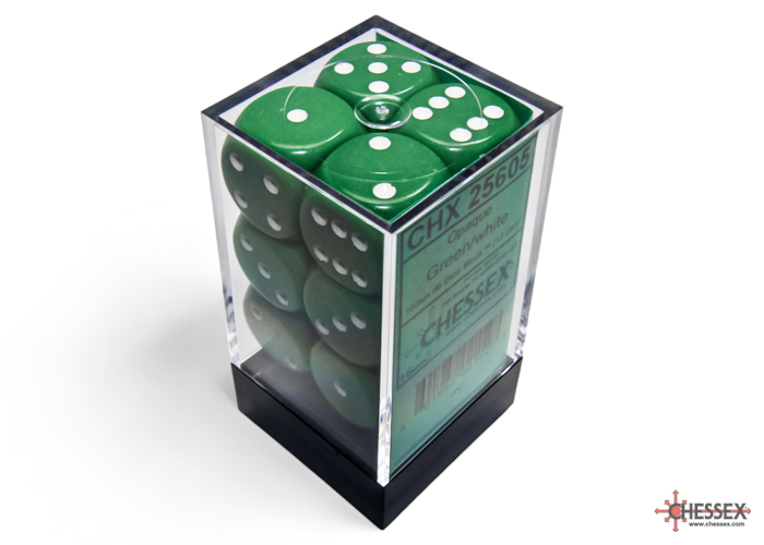 Dice: Chessex - Opaque - 16mm D6 (x12) - Green/white