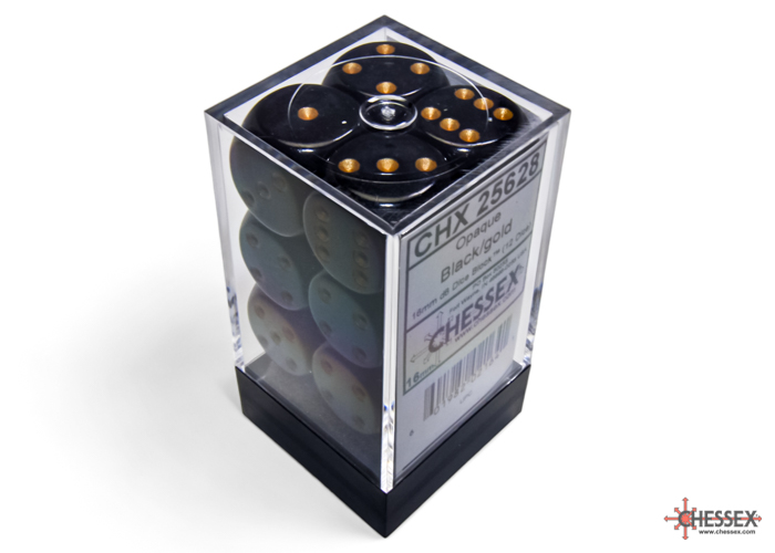 Dice: Chessex - Opaque - 16mm D6 (x12) - Black/gold