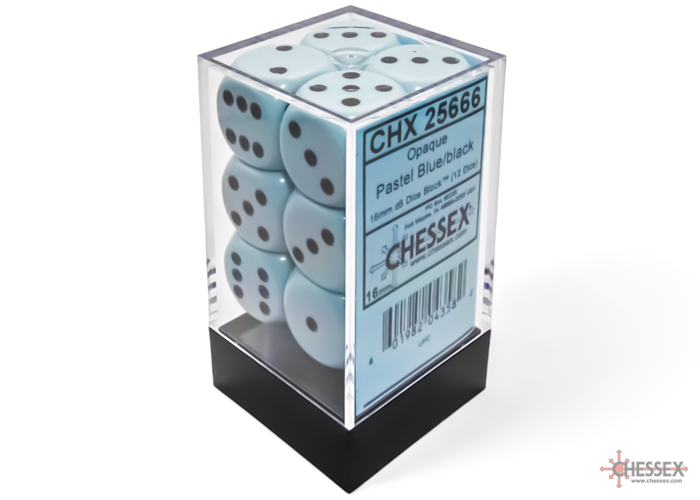 Dice: Chessex - Opaque - 16mm D6 (x12) - Pastel Blue/black