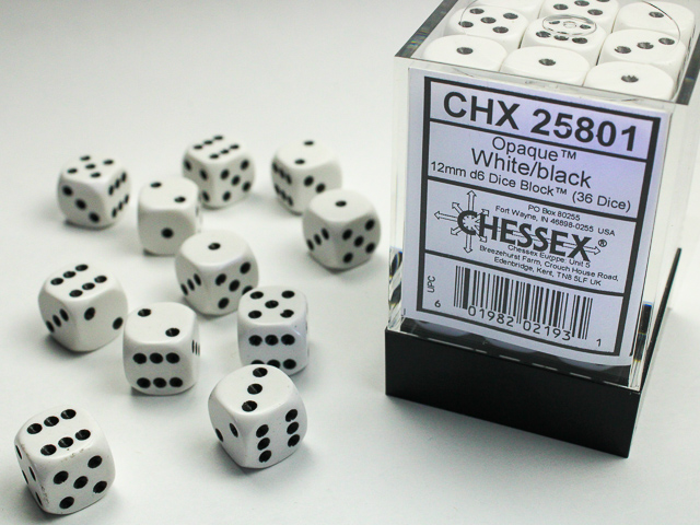 Dice: Chessex - Opaque - 12mm D6 (x36) - White/black