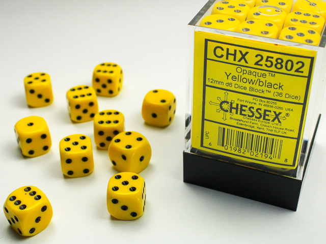 Dice: Chessex - Opaque - 12mm D6 (x36) - Yellow/black