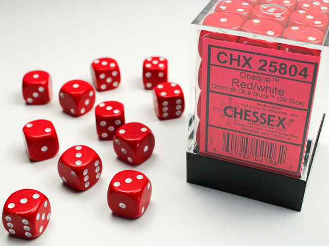 Dice: Chessex - Opaque - 12mm D6 (x36) - Red/white