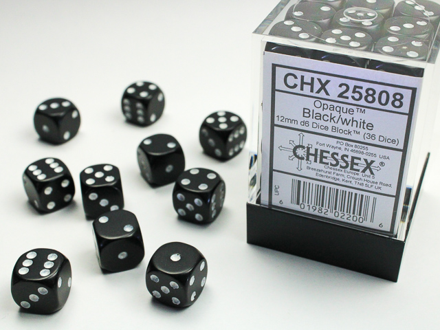 Dice: Chessex - Opaque - 12mm D6 (x36) - Black/white