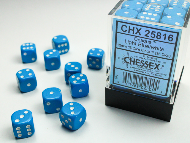 Dice: Chessex - Opaque - 12mm D6 (x36) - Light Blue/white