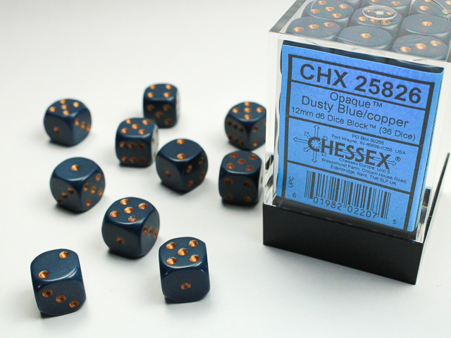 Dice: Chessex - Opaque - 12mm D6 (x36) - Dusty Blue/copper
