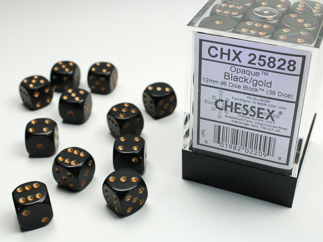Dice: Chessex - Opaque - 12mm D6 (x36) - Black/gold