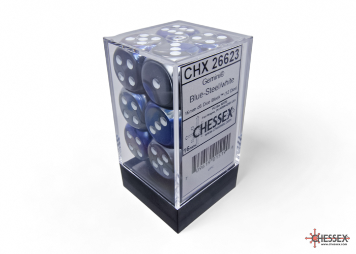 Dice: Chessex - Gemini - 16mm D6 (x12) - Blue-Steel/white