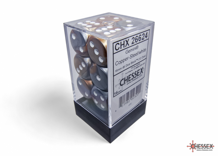 Dice: Chessex - Gemini - 16mm D6 (x12) - Copper-Steel/white