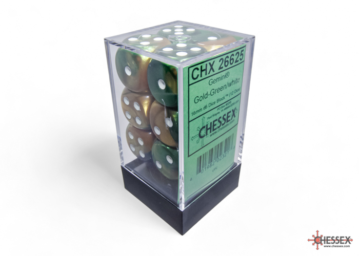Dice: Chessex - Gemini - 16mm D6 (x12) - Gold-Green/white