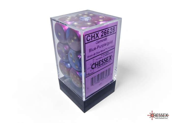 Dice: Chessex - Gemini - 16mm D6 (x12) - Blue-Purple/gold