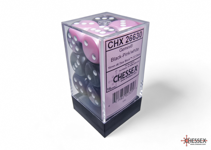 Dice: Chessex - Gemini - 16mm D6 (x12) - Black-Pink/white