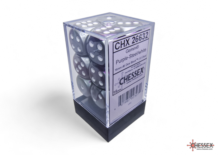 Dice: Chessex - Gemini - 16mm D6 (x12) - Purple-Steel/white