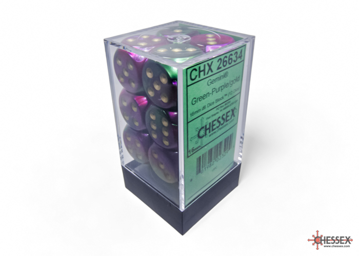 Dice: Chessex - Gemini - 16mm D6 (x12) - Green-Purple/gold