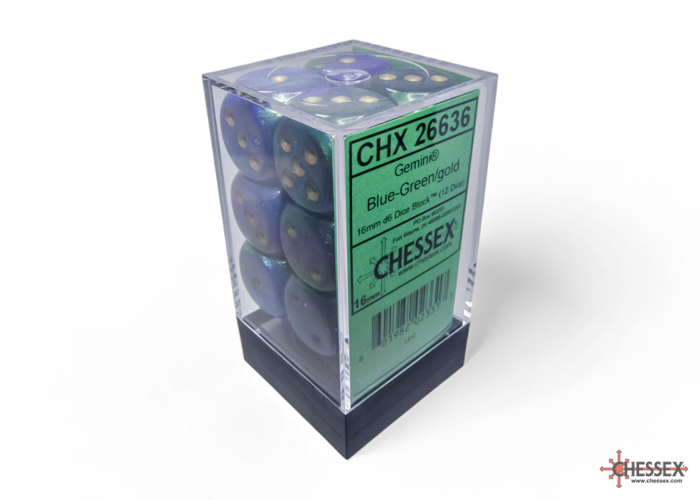 Dice: Chessex - Gemini - 16mm D6 (x12) - Blue-Green/gold