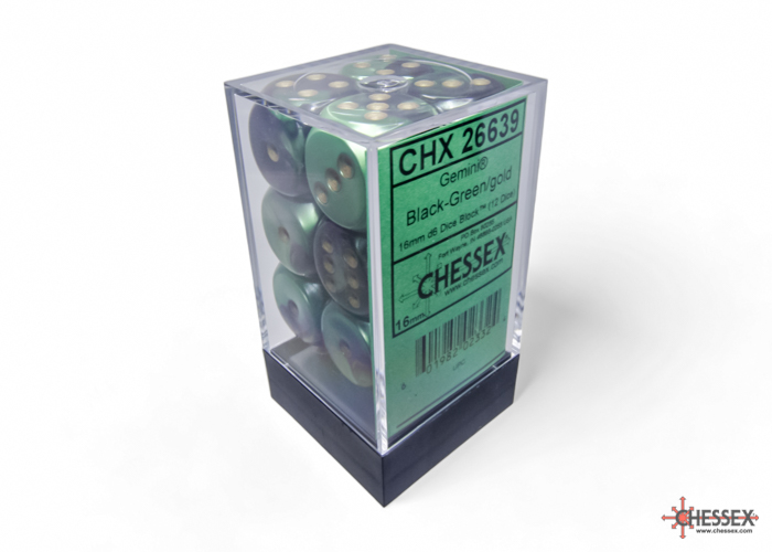 Dice: Chessex - Gemini - 16mm D6 (x12) - Black-Green/gold