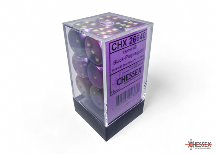 Dice: Chessex - Gemini - 16mm D6 (x12) - Black-Purple/gold