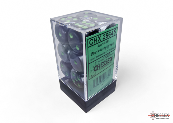 Dice: Chessex - Gemini - 16mm D6 (x12) - Black-Grey/green