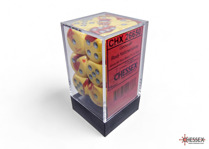 Dice: Chessex - Gemini - 16mm D6 (x12) - Red-Yellow/silver