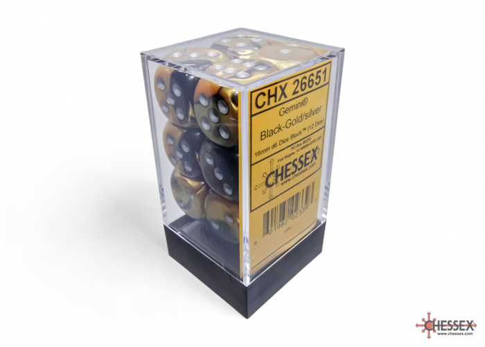 Dice: Chessex - Gemini - 16mm D6 (x12) - Black-Gold/silver