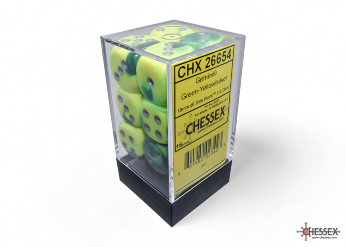 Dice: Chessex - Gemini - 16mm D6 (x12) - Green-Yellow/silver