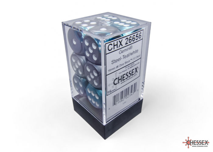 Dice: Chessex - Gemini - 16mm D6 (x12) - Steel-Teal/white