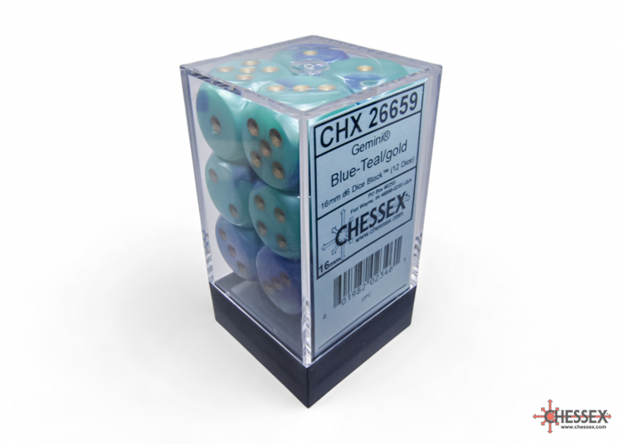Dice: Chessex - Gemini - 16mm D6 (x12) - Blue-Teal/gold