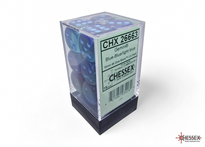Dice: Chessex - Gemini, Luminary - 16mm D6 (x12) - Blue-Blue/light blue