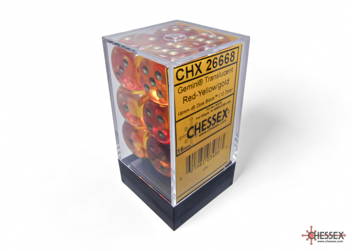 Dice: Chessex - Gemini - 16mm D6 (x12) - Translucent Red-Yellow/gold