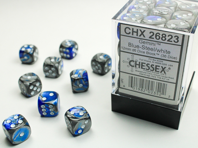 Dice: Chessex - Gemini - 12mm D6 (x36) - Blue-Steel/white