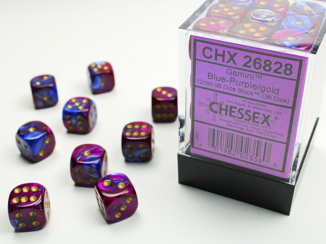 Dice: Chessex - Gemini - 12mm D6 (x36) - Blue-Purple/gold