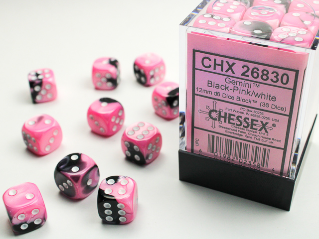 Dice: Chessex - Gemini - 12mm D6 (x36) - Black-Pink/white